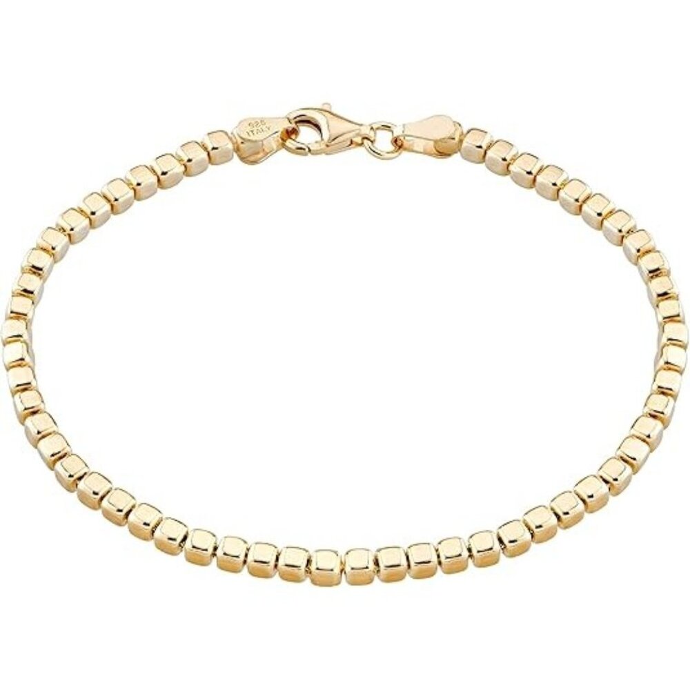 Italian 925 Sterling Silver 18Kt Gold Plated Organic Cube Bead Chain Bracelet